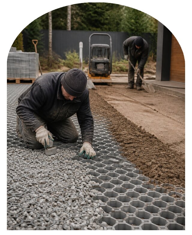 Устройство экопарковки из газонной решетки в Кингисеппе